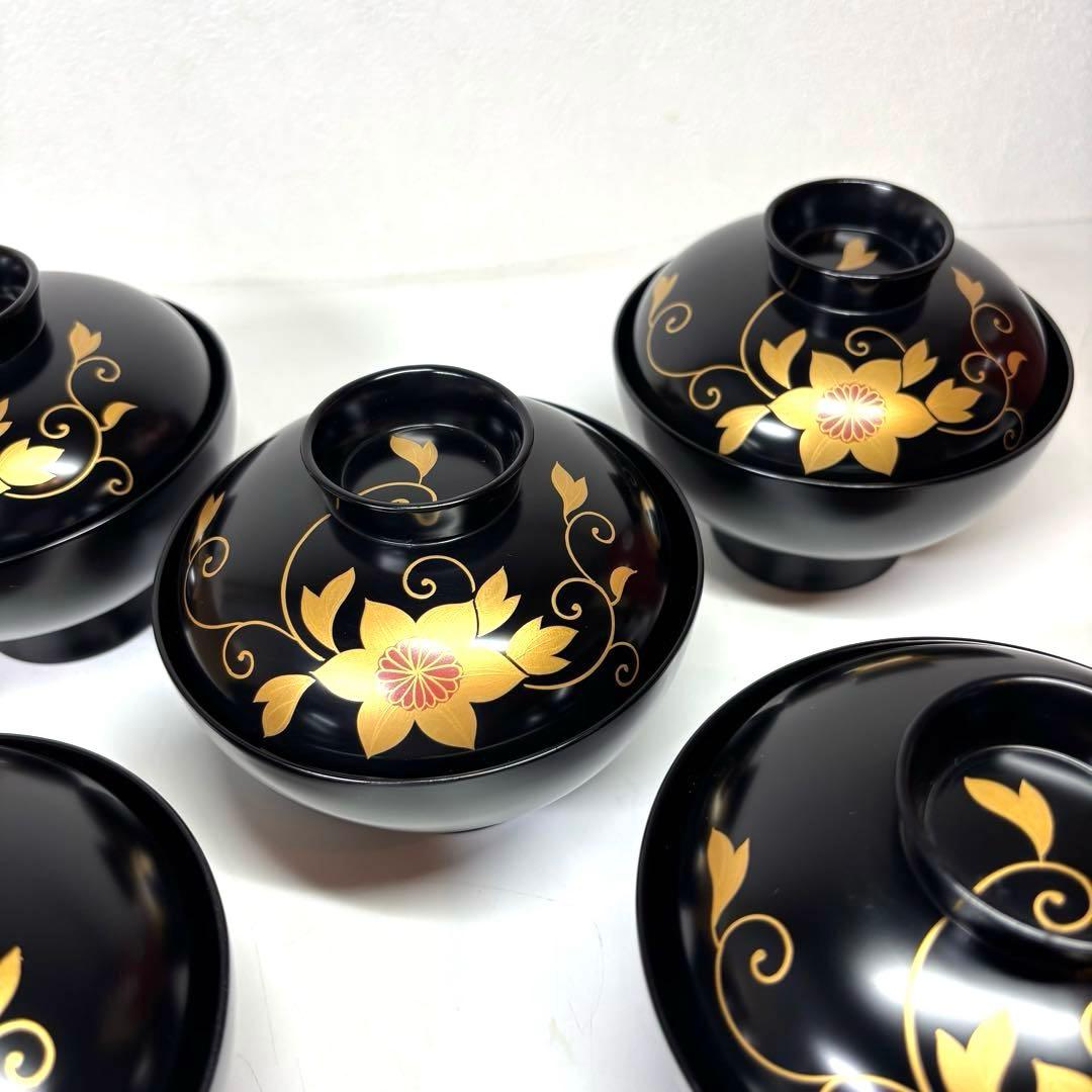 【未使用】　輪島塗　鉄仙蒔絵付 吸物椀五客　木箱付 送料無料