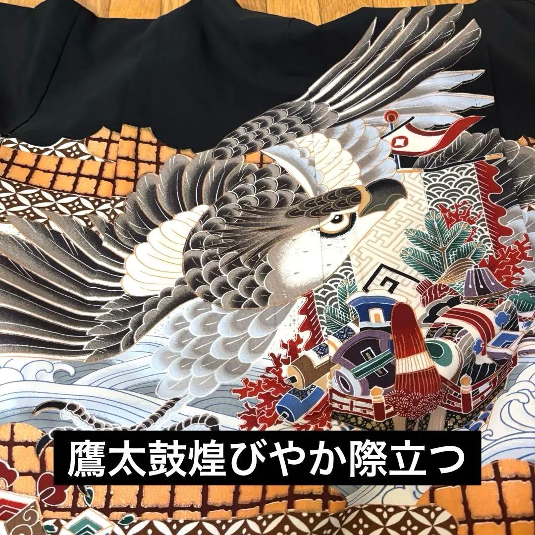 美品‼️七五三 五歳‼️人気の黒地に鷹 太鼓 金彩煌びやか❤️完全フルセット