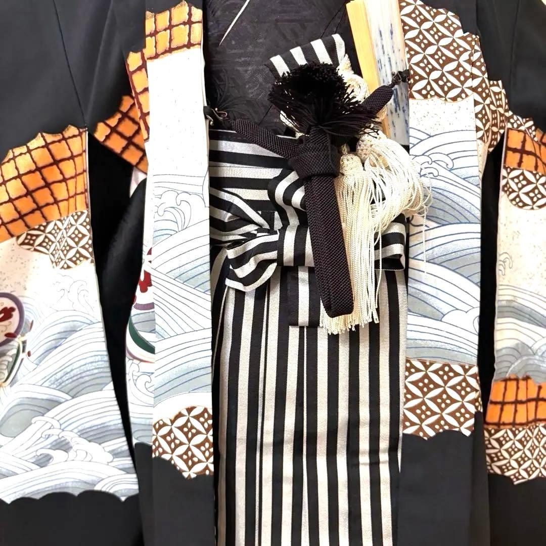 美品‼️七五三 五歳‼️人気の黒地に鷹 太鼓 金彩煌びやか❤️完全フルセット