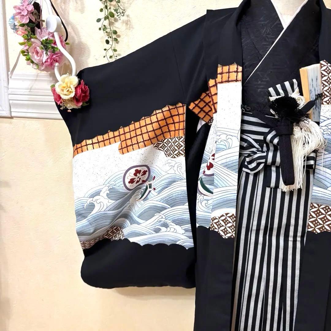 美品‼️七五三 五歳‼️人気の黒地に鷹 太鼓 金彩煌びやか❤️完全フルセット