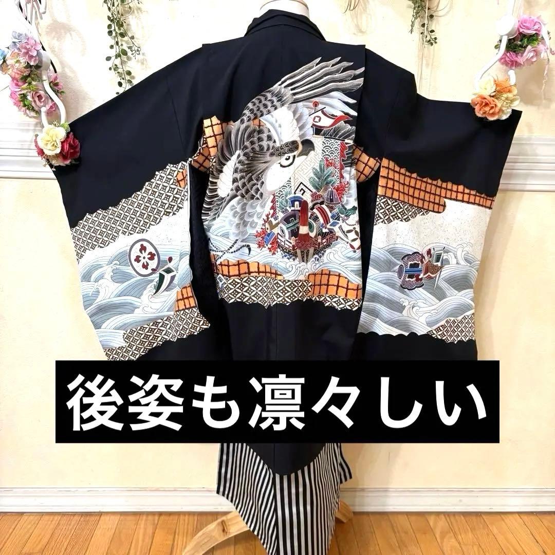 美品‼️七五三 五歳‼️人気の黒地に鷹 太鼓 金彩煌びやか❤️完全フルセット