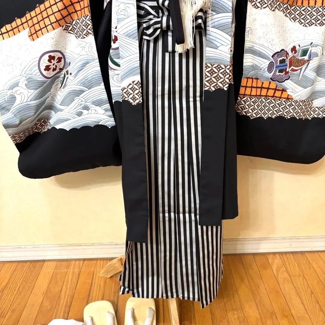 美品‼️七五三 五歳‼️人気の黒地に鷹 太鼓 金彩煌びやか❤️完全フルセット
