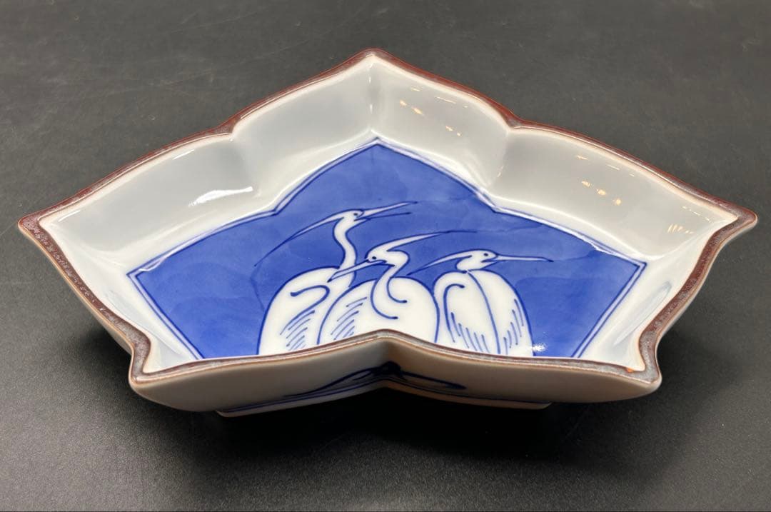 【希少】有田焼　宮内庁御用達 辻常陸 辻製　三鷺文絵変形皿　5枚