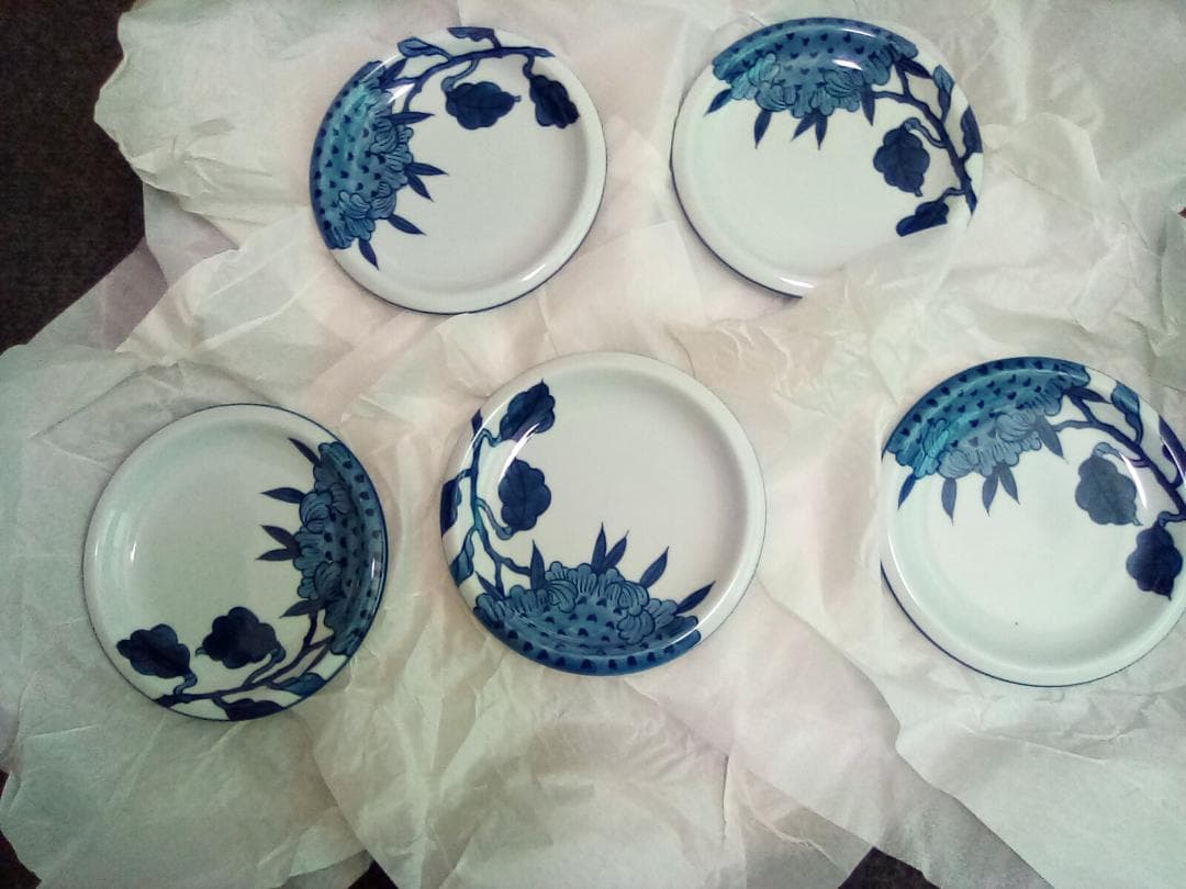 【未使用品】有田焼 源右衛門窯 染付向日葵絵 銘々皿　五枚セット