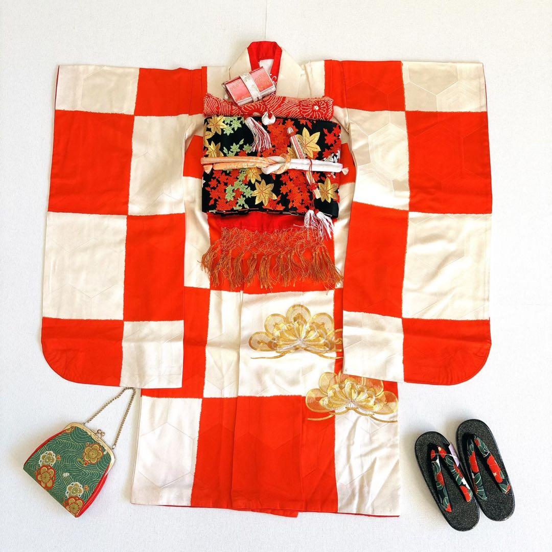 七五三　７歳　女の子　フルセット　オレンジ×白　市松　小物セット