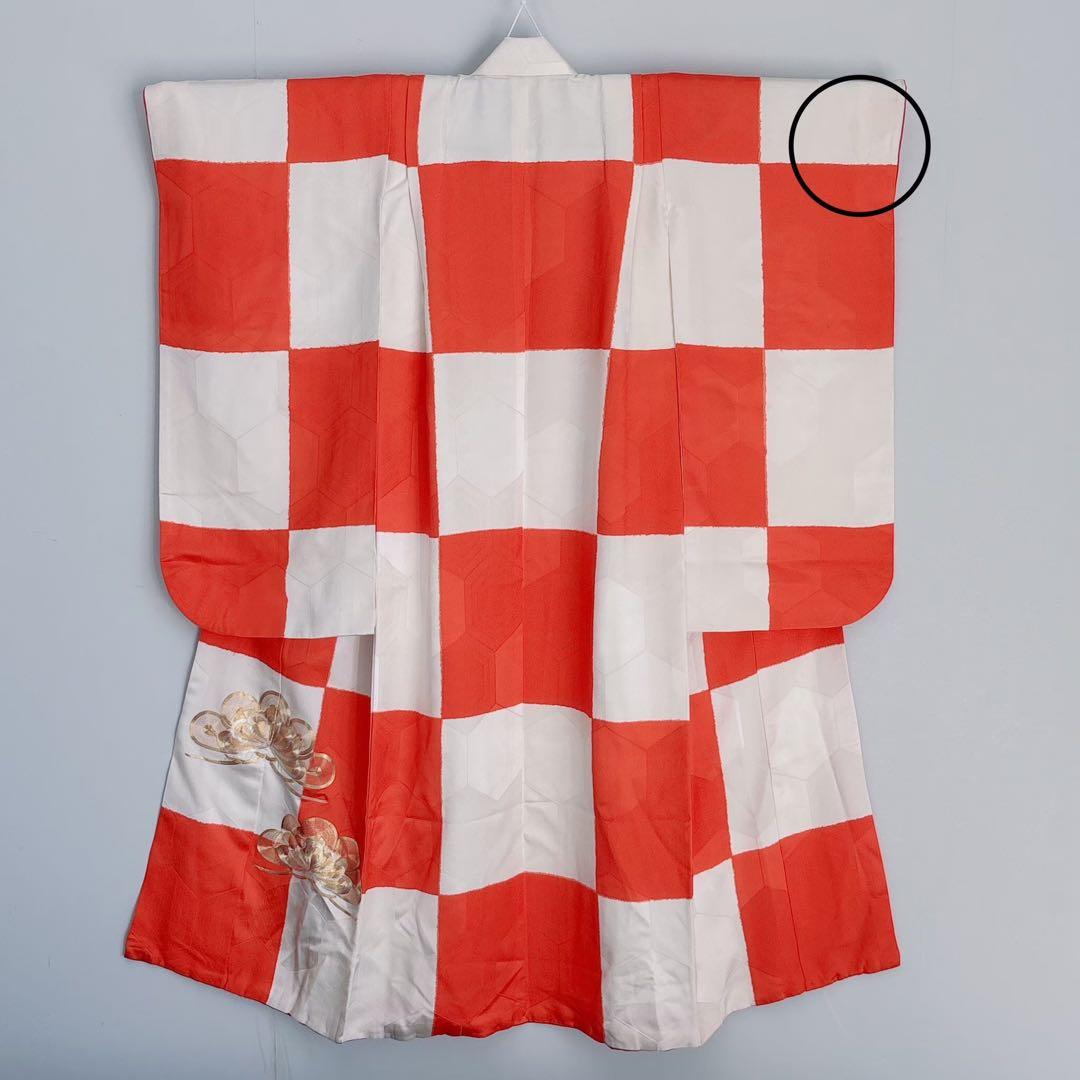 七五三　７歳　女の子　フルセット　オレンジ×白　市松　小物セット