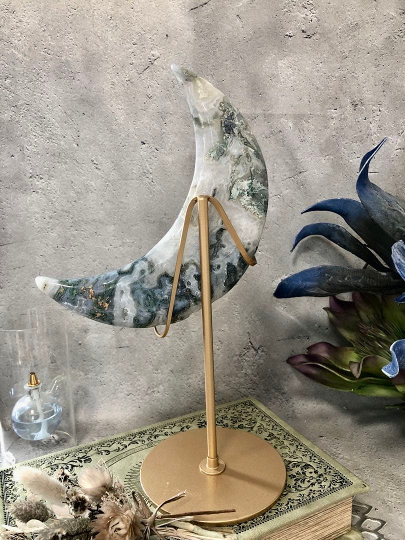 超ビッグ　モスアゲート　ビッグ　ムーン　月　スタンド付き　ジオードあり