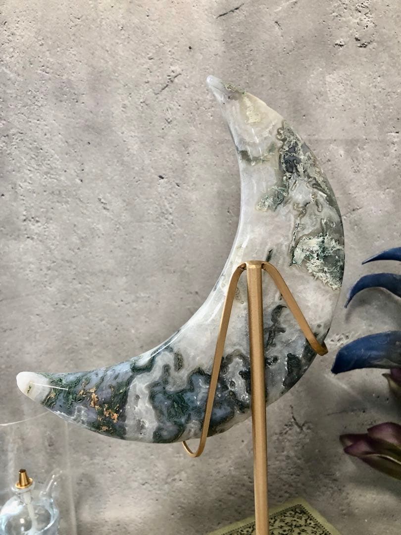 超ビッグ　モスアゲート　ビッグ　ムーン　月　スタンド付き　ジオードあり