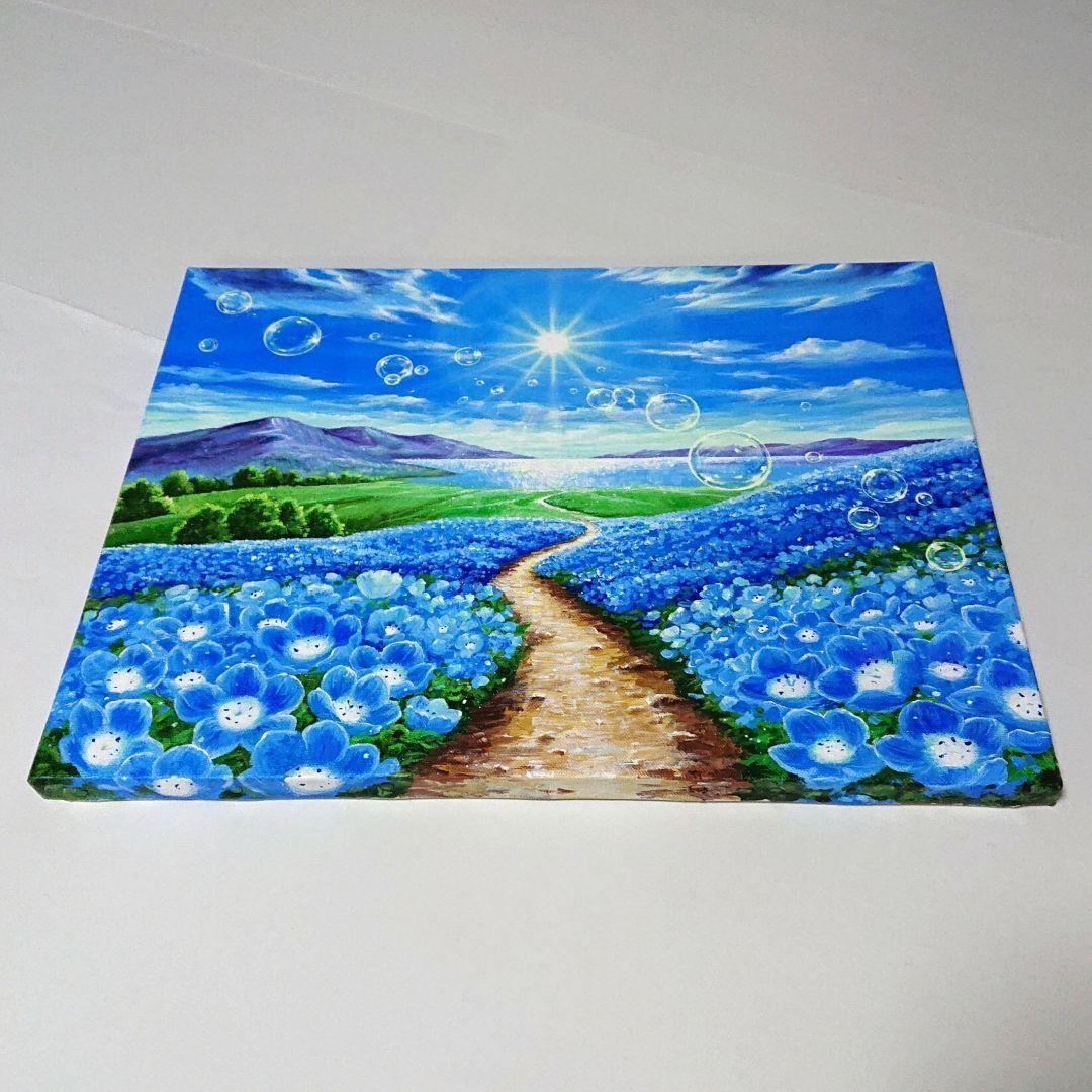 【ネモフィラが続く道】アクリル画 F6 風景画 絵画