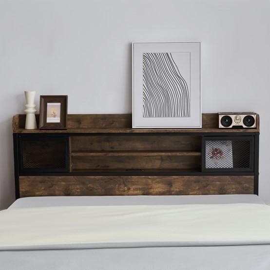 【宮棚＆コンセント付】セミダブルベッド 木×スチール 北欧風 ヴィンテージ調