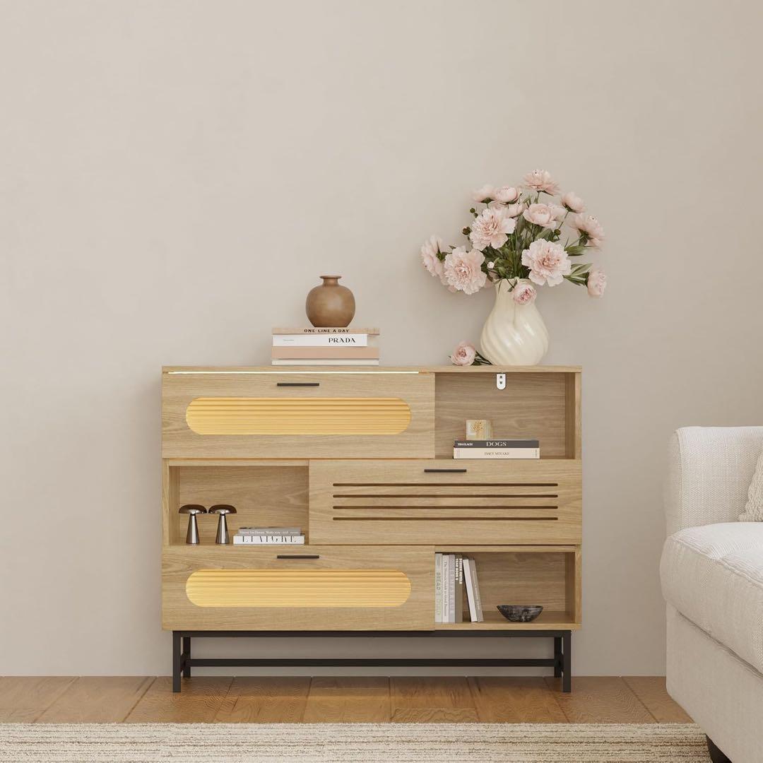 LED照明付き 収納キャビネット 幅100cm 北欧風 サイドボード