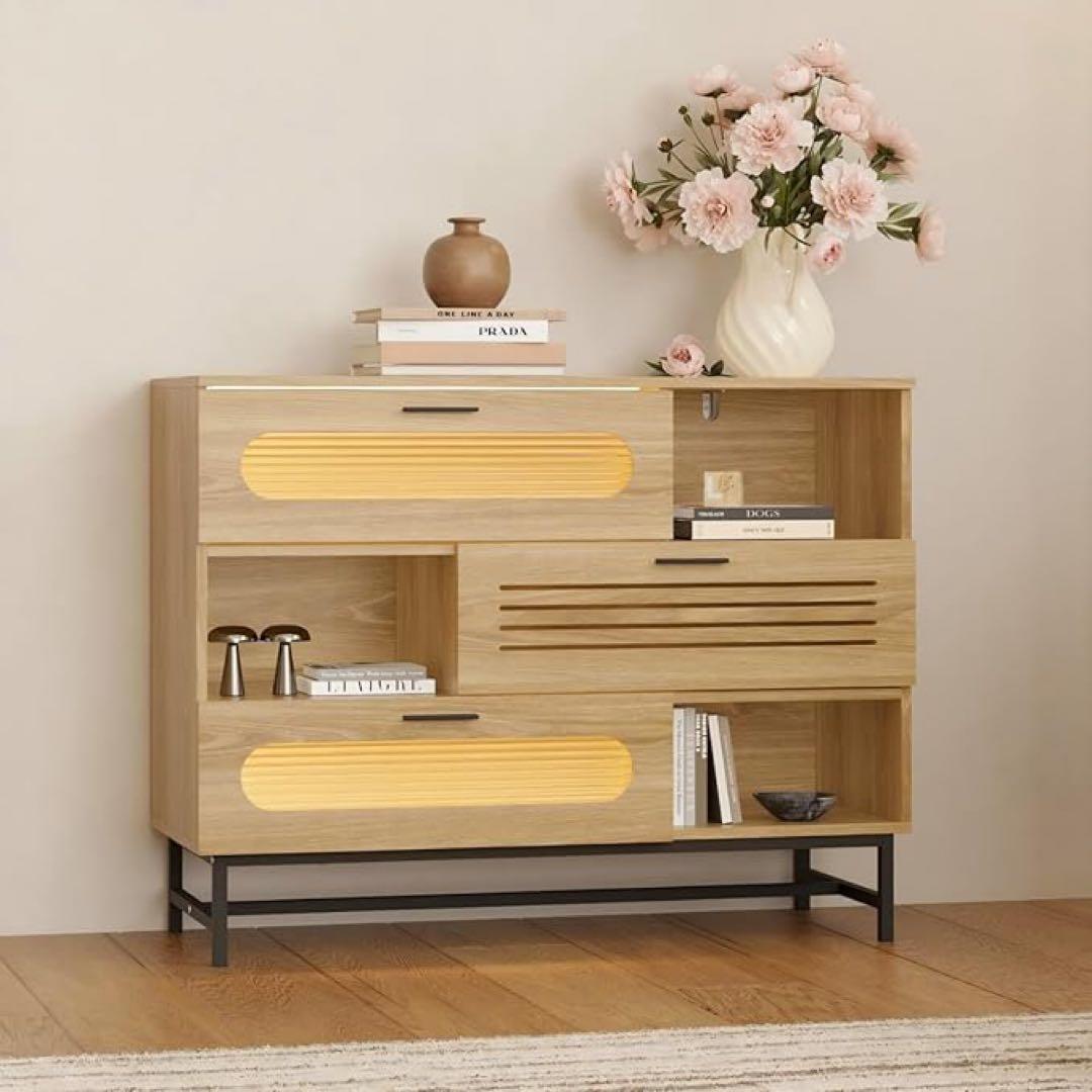 LED照明付き 収納キャビネット 幅100cm 北欧風 サイドボード