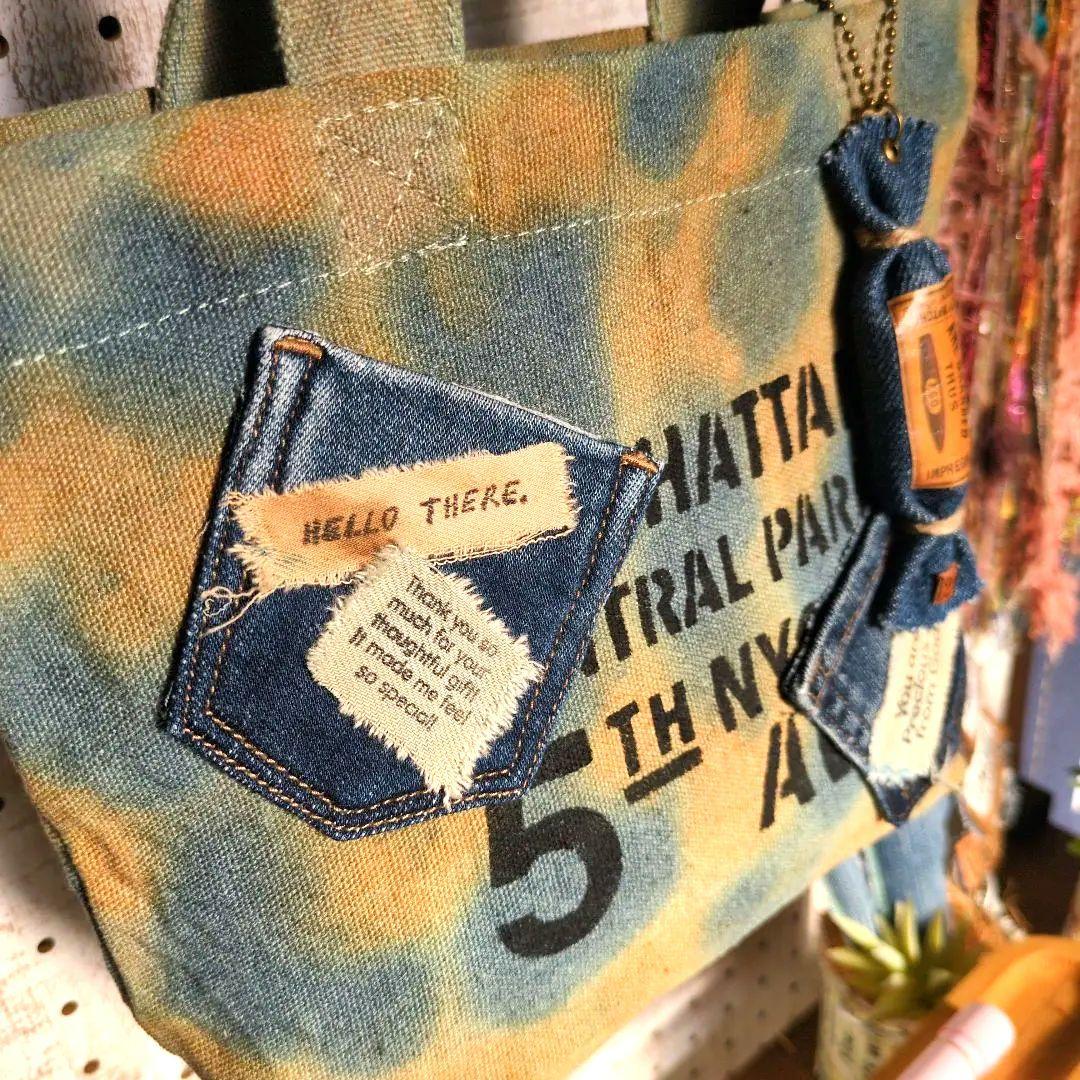 ［竜そば］デニムリメイク☆バッグチャーム付手染めミニトートバッグ✨️