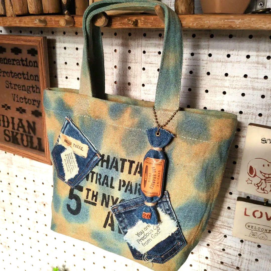 ［竜そば］デニムリメイク☆バッグチャーム付手染めミニトートバッグ✨️