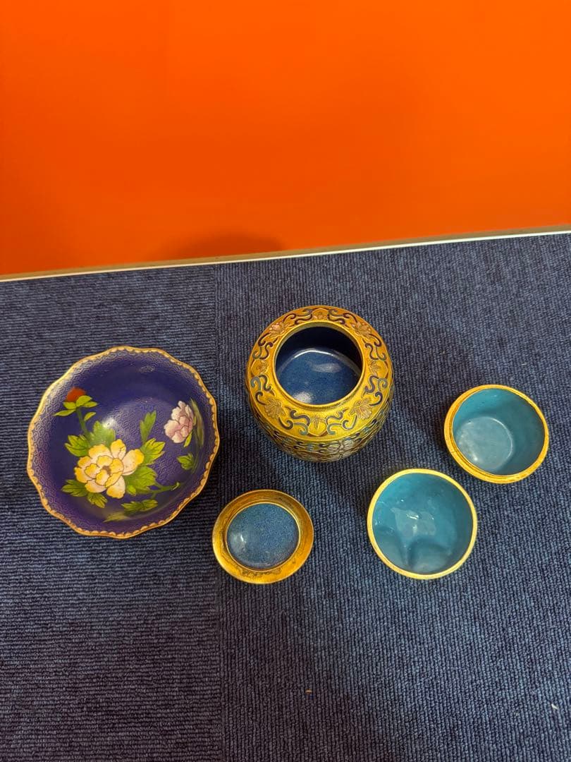 1852 七宝焼 景泰藍 工場 碗1客 茶入1客 フクロウ1客