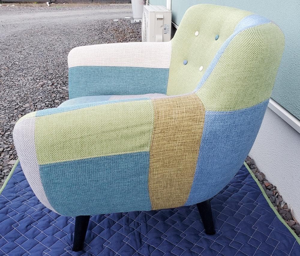 C46　フランフラン　ナビア　パッチワーク1人掛ソファ　グリーン