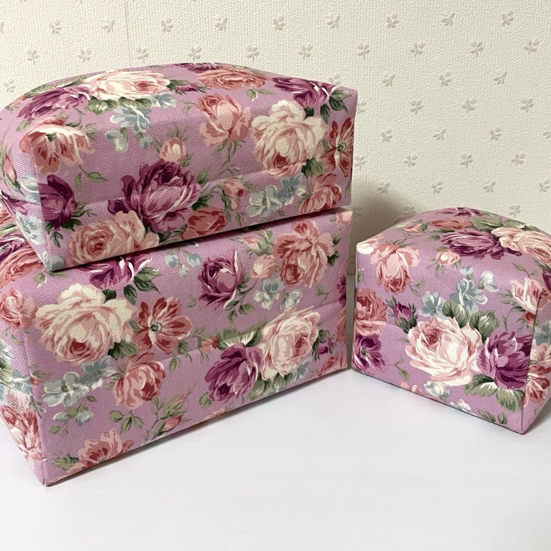 【♡…陽菜…♡です】布バスケット３個セット　薔薇柄　紫色　ハンドメイド