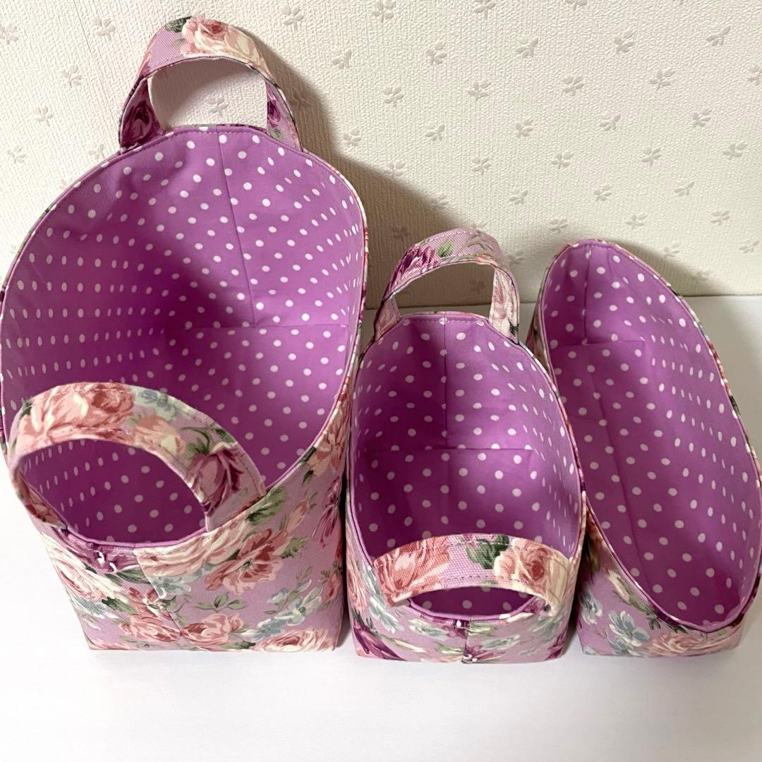 【♡…陽菜…♡です】布バスケット３個セット　薔薇柄　紫色　ハンドメイド