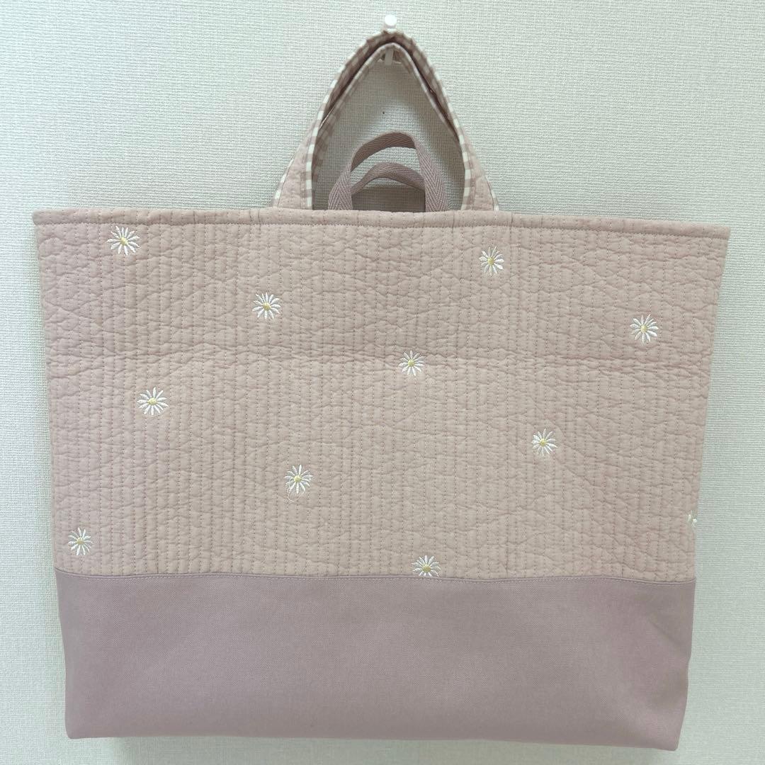 入園入学3点セット　【ピンクお花ヌビ×くすみピンク】　女の子　大きめ　手提げ