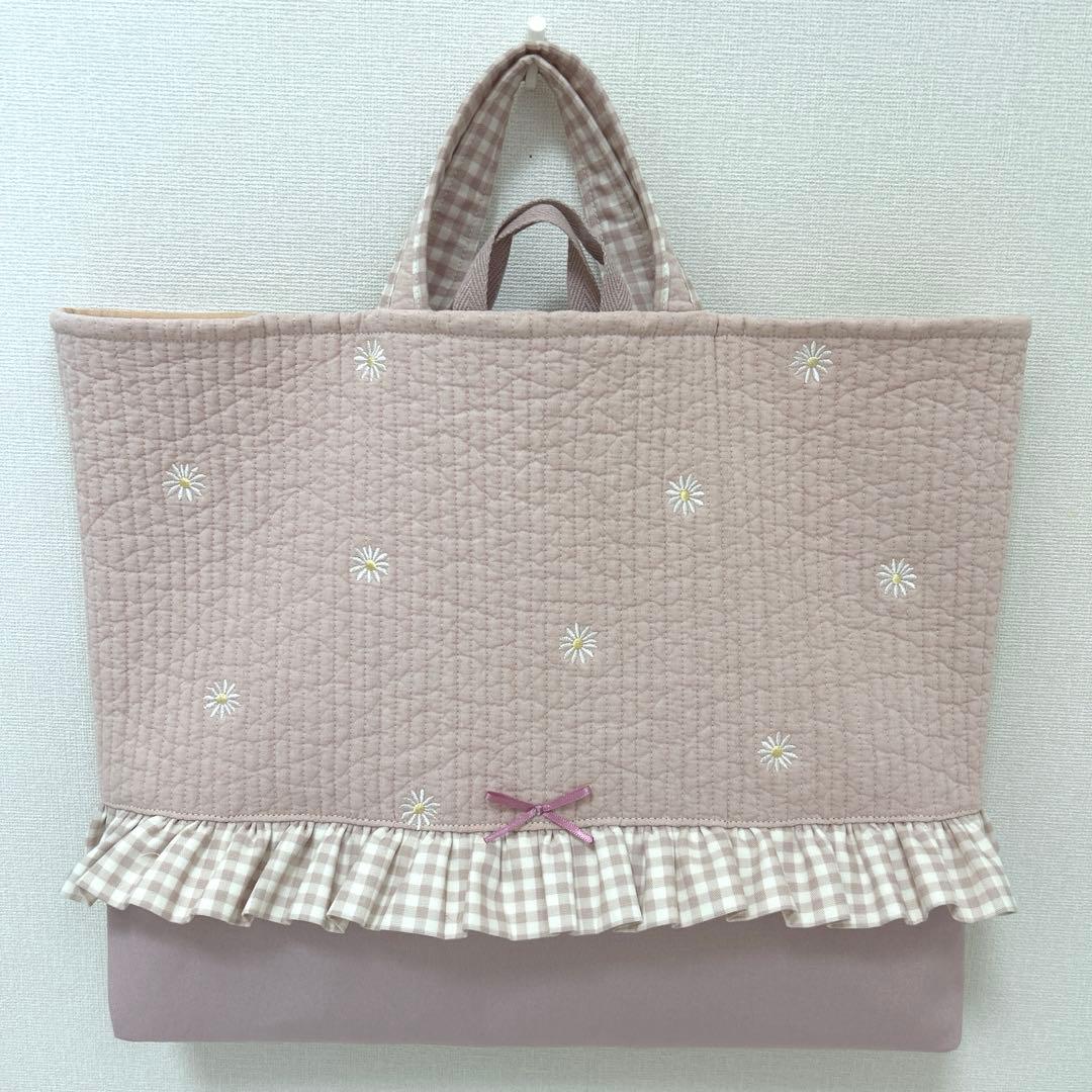 入園入学3点セット　【ピンクお花ヌビ×くすみピンク】　女の子　大きめ　手提げ
