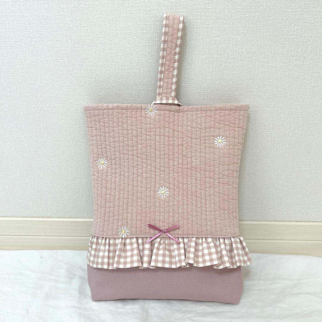 入園入学3点セット　【ピンクお花ヌビ×くすみピンク】　女の子　大きめ　手提げ