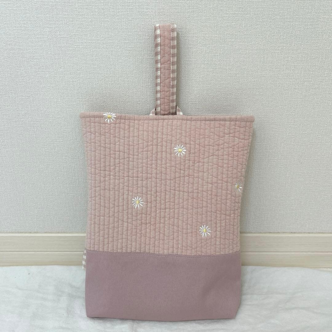 入園入学3点セット　【ピンクお花ヌビ×くすみピンク】　女の子　大きめ　手提げ