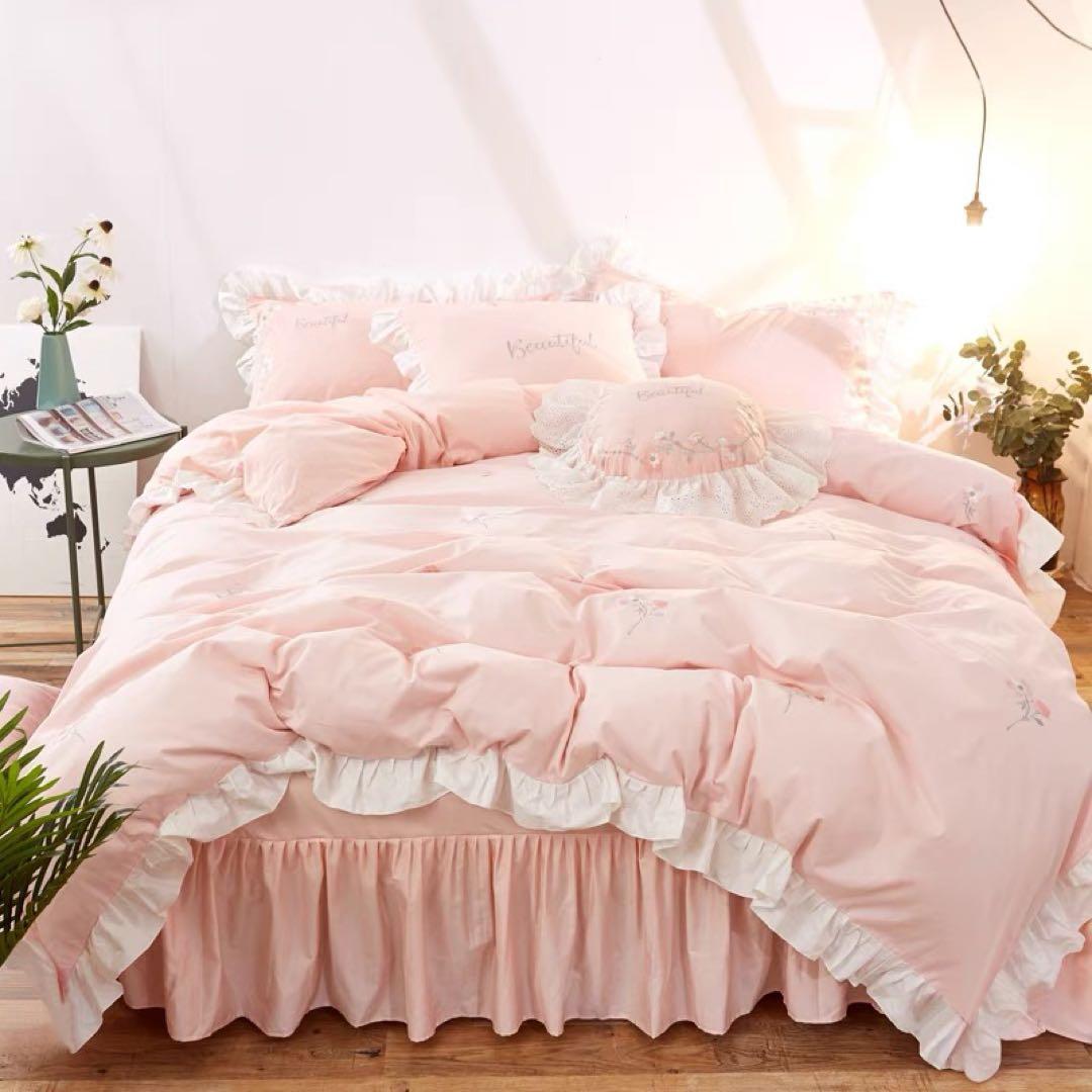 ピンク花柄刺繍セミダブルカバーセット