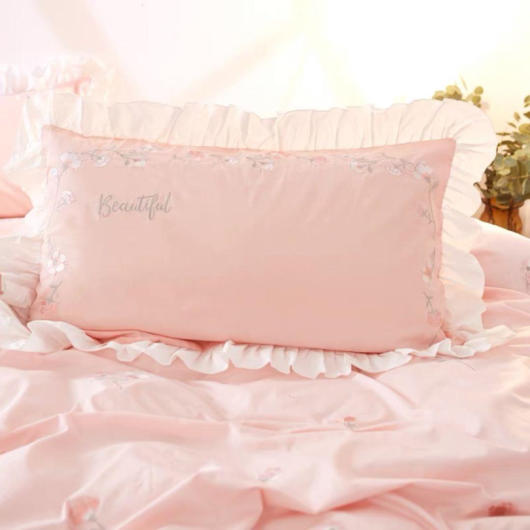 ピンク花柄刺繍セミダブルカバーセット