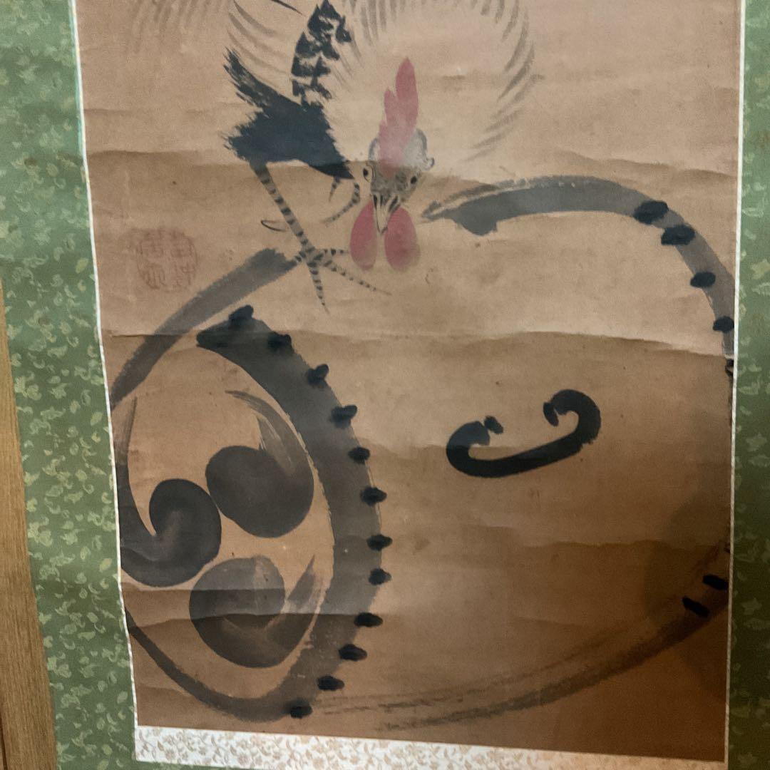 伊藤若冲 紙本淡彩水墨画 【 鶏図 】 落款 若冲居士 落款印照合