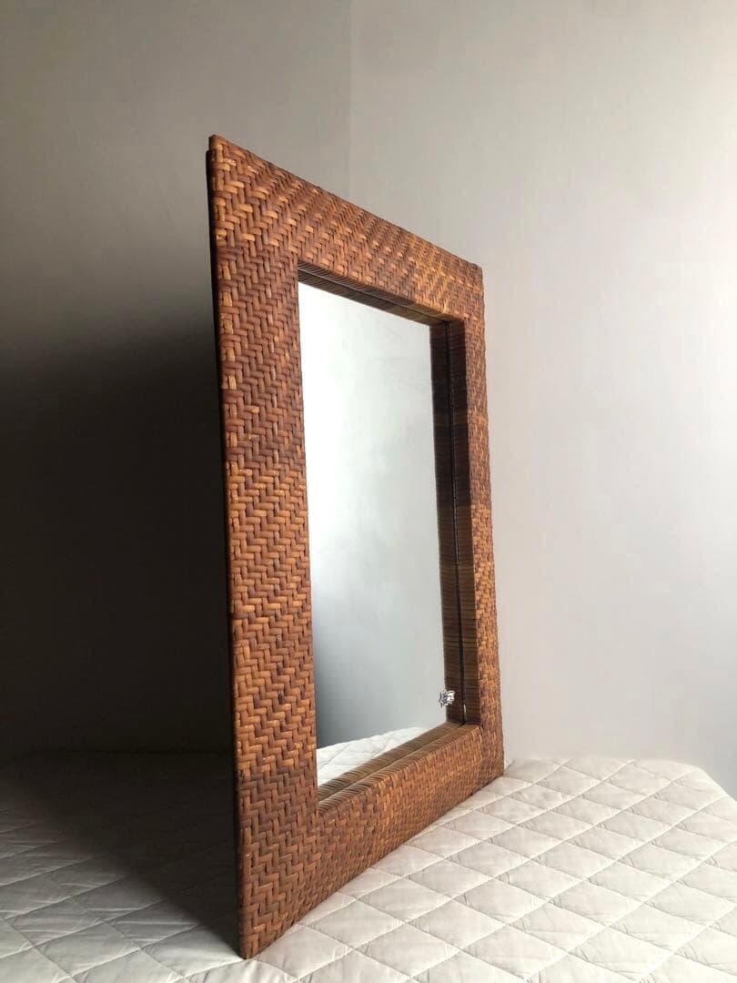 イタリア ヴィンテージ 籐編み ミラー 壁掛け鏡 ウォールミラー 北欧 古民家
