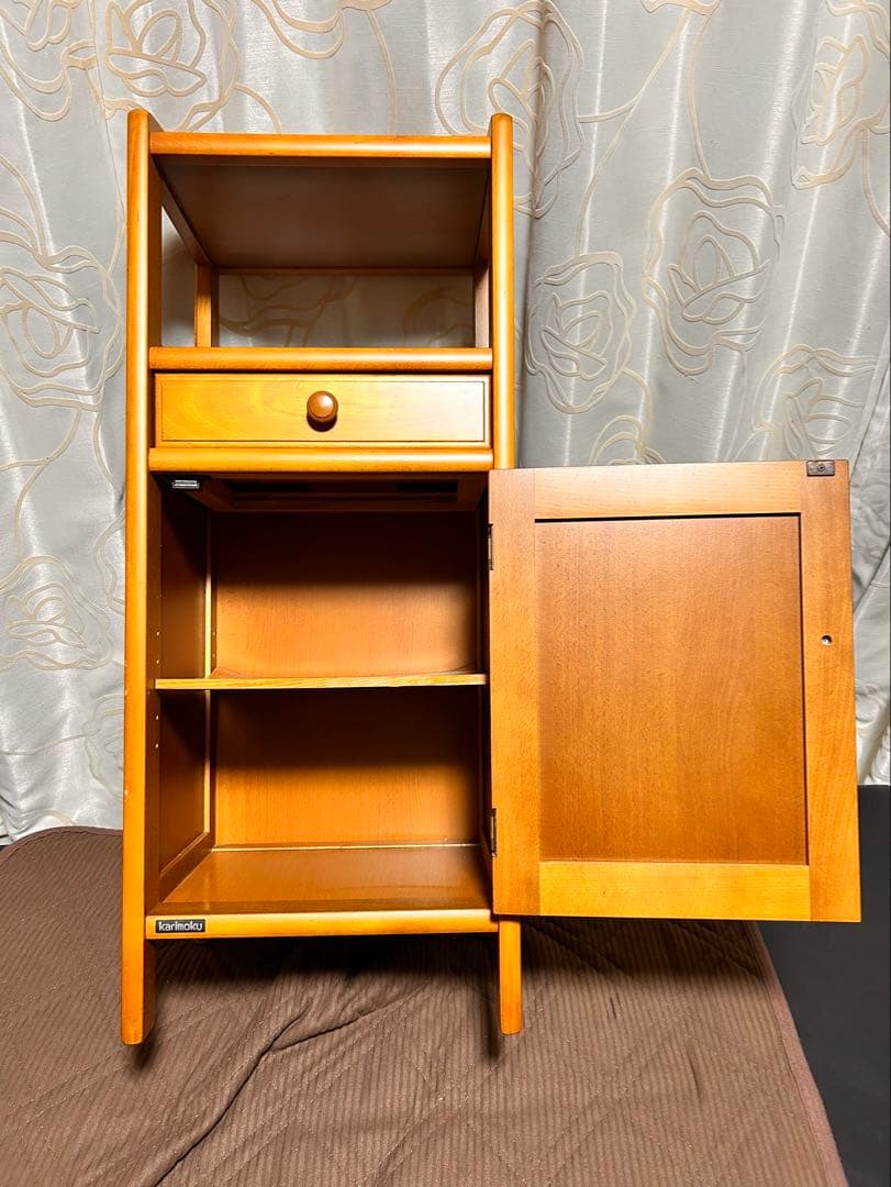 オールドカリモク　ラタン 電話台 チェスト 籐扉 レトロ 木製キャビネット