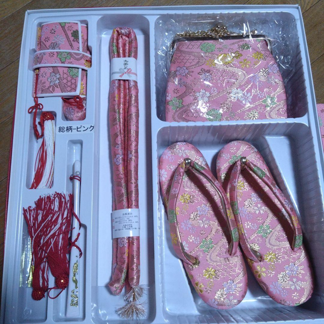 美品★七歳★ピンク 花柄★帯 はこせこ 草履 バッグ
