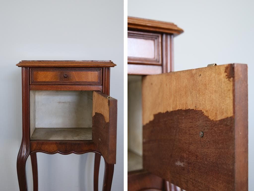 フランスアンティーク木製*大理石キャビネット/ナイトテーブル机(90-35-1)