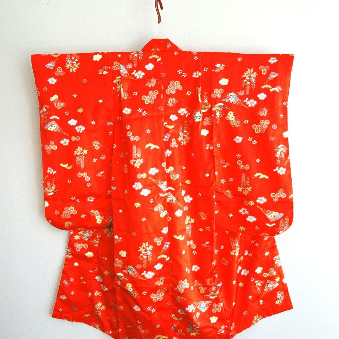 美品　フルセット 七五三3歳　赤地　草履　巾着　長着×襦袢×被布　箱入り　藤扇梅