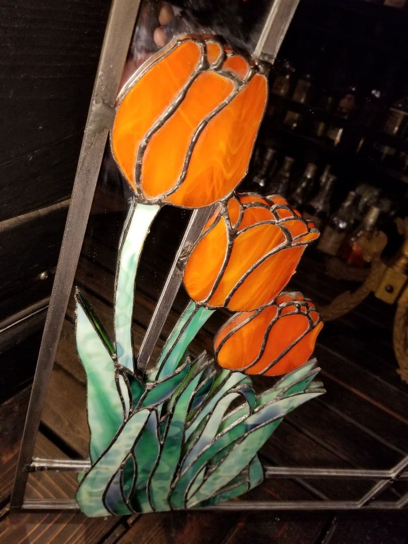 希少　ヴィンテージ　アイアン　チューリップ　ステンドグラス　ミラー　壁掛け　鏡