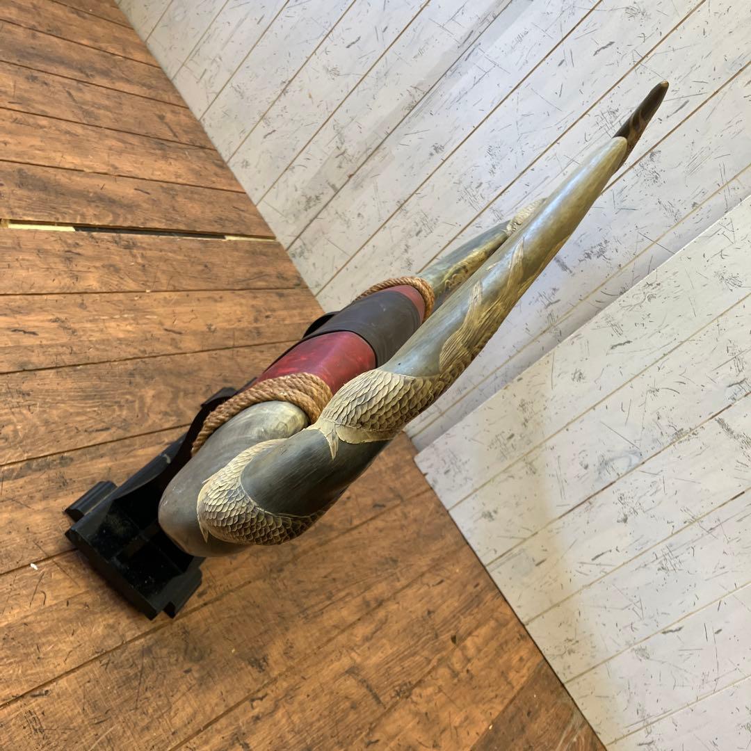 昭和レトロ アンティーク 水牛の角 彫刻 龍 双龍 天然 縁起物 置物 オブジェ