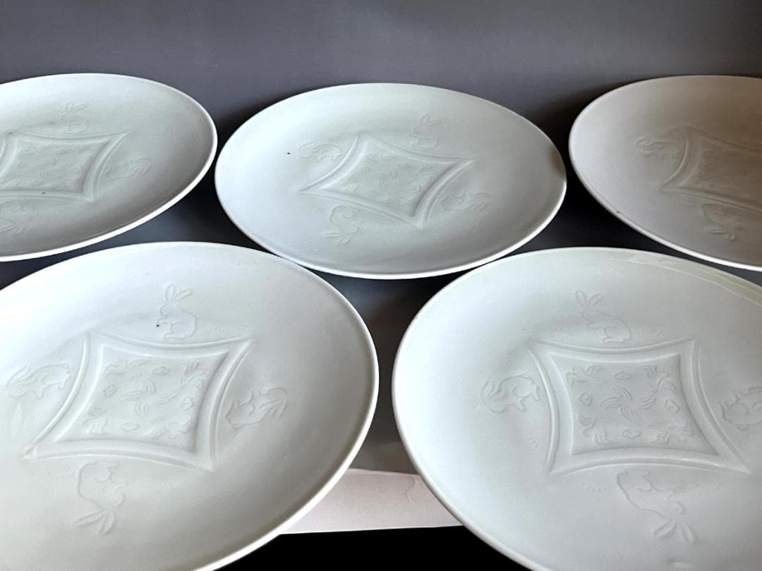 皿■可愛い兎紋白磁皿 5枚 大皿 鳥 古美術 時代物 骨董品 21.6cm■