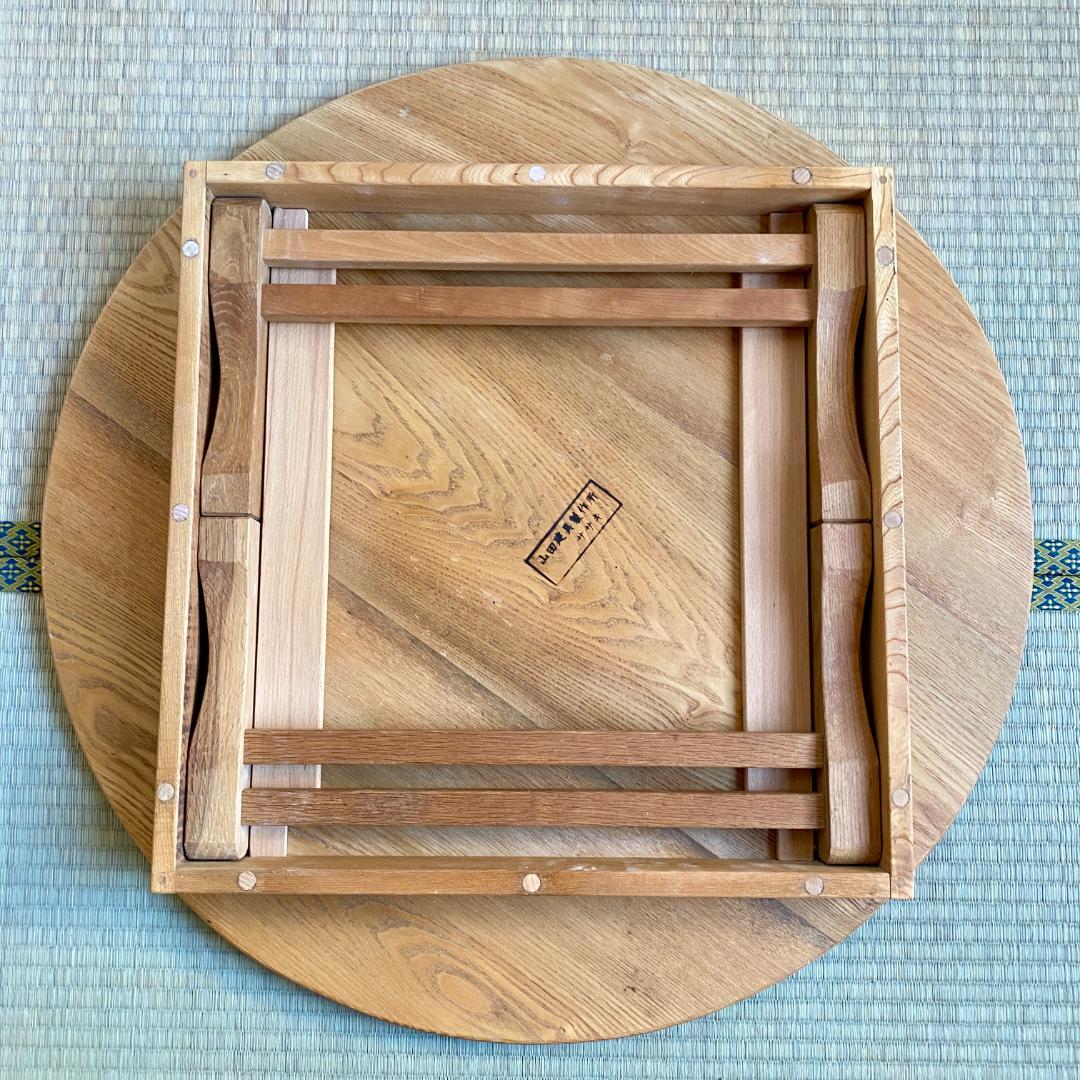 昭和レトロ ちゃぶ台 無塗装 無垢材 建具屋製 刻印あり 折りたたみ 丸テーブル