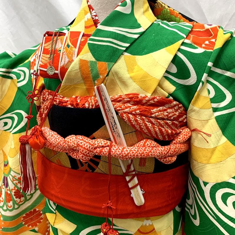 511ag42□七五三 七歳 女児 着物&袋帯&半襦袢 金彩 青海波□状態良好