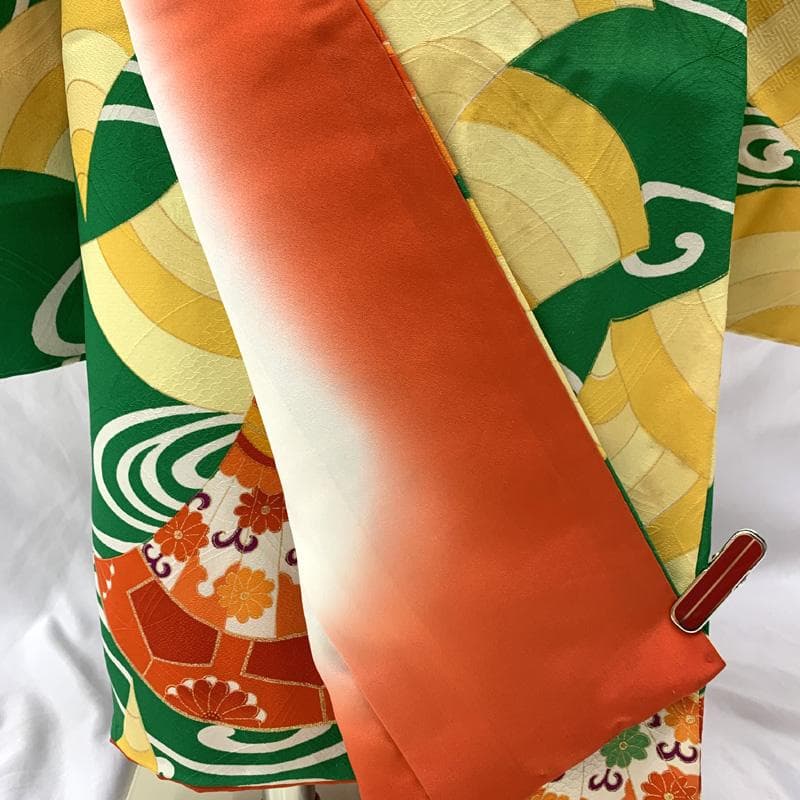 511ag42□七五三 七歳 女児 着物&袋帯&半襦袢 金彩 青海波□状態良好