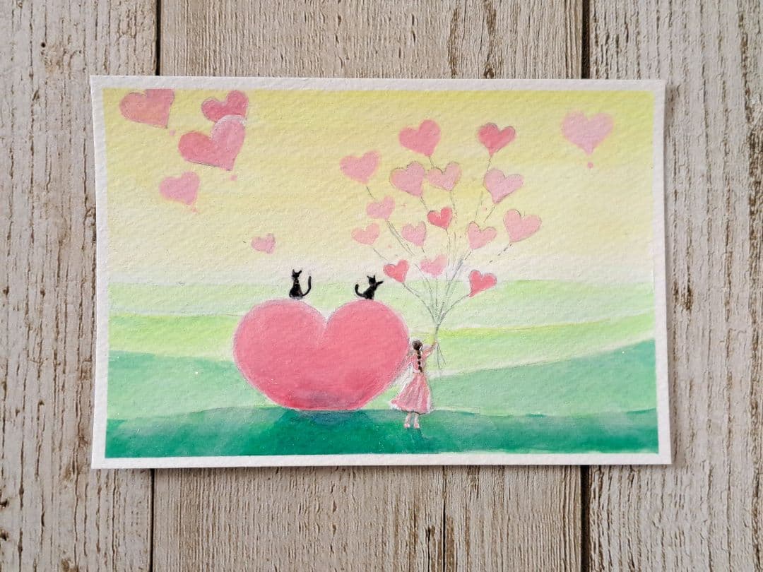 【おまとめ購入でSOLD OUT】ハートを飛ばす♡アクリル画　ハガキサイズ#66