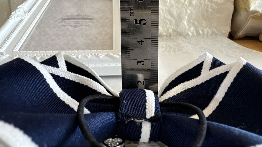 No.24リボンヘアゴム☆ハンドメイド☆ホワイトウールエッジ☆ネイビー系