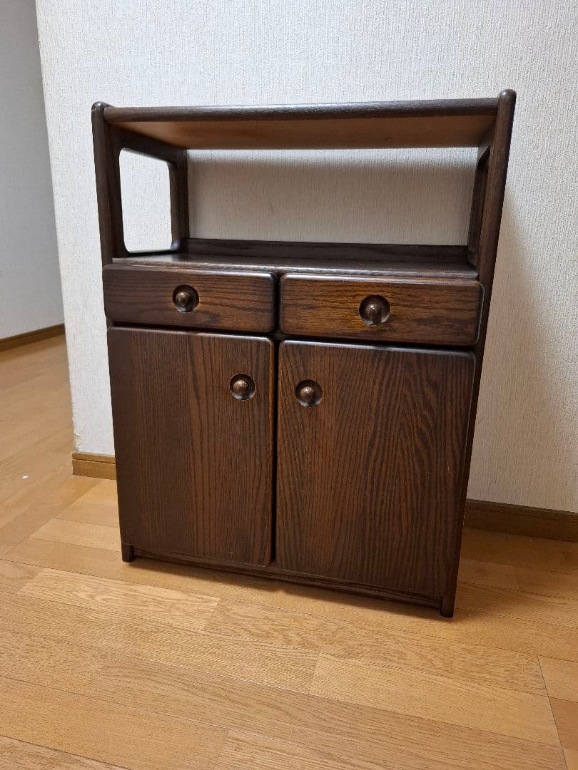 昭和レトロ電話台　ダークブラウン　ファックス台　木製　自由棚　引き出し・扉付き