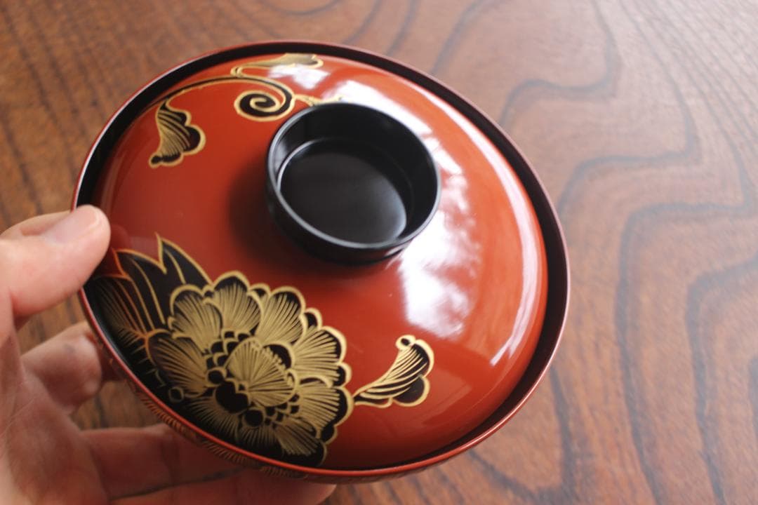 キズ有！上質朱漆に極上牡丹沈金の映えるお椀2点（検輪島塗沈金椀