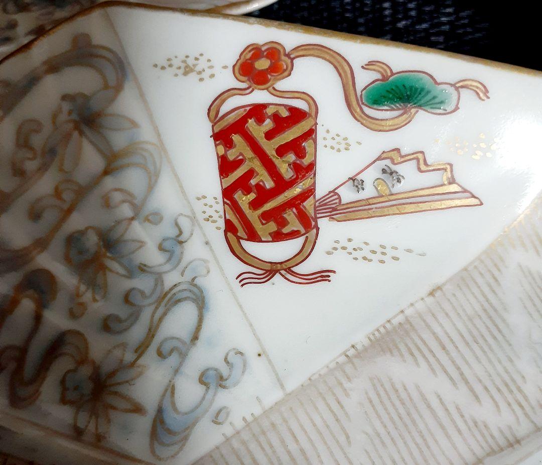 【最上作品❗️】江戸後期　古伊万里　錦手　折紙型　竜田川に印籠に衣装の図皿　5客