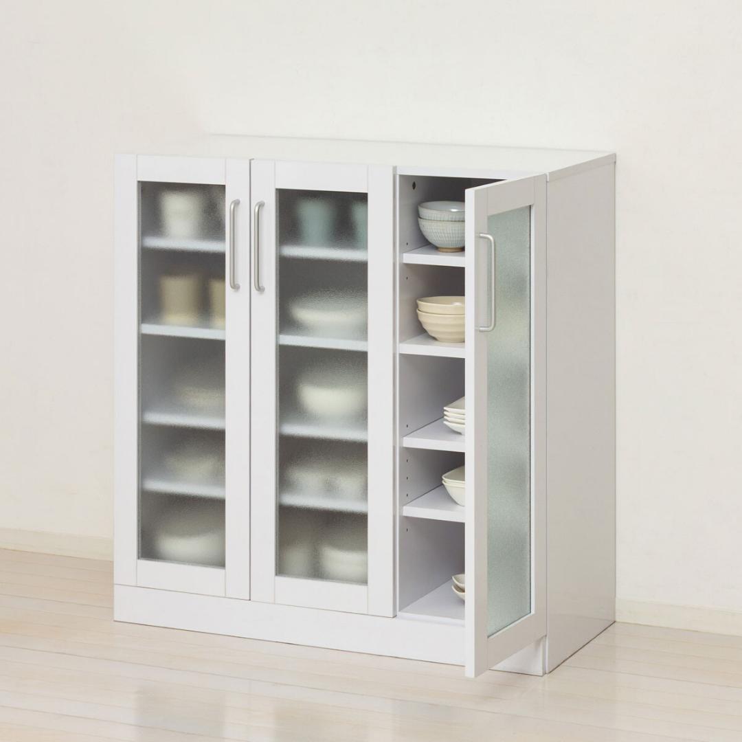 ヌーヴォー　食器棚　サイズ90-90　収納棚　鏡面メラミン仕様　背面化粧仕上げ