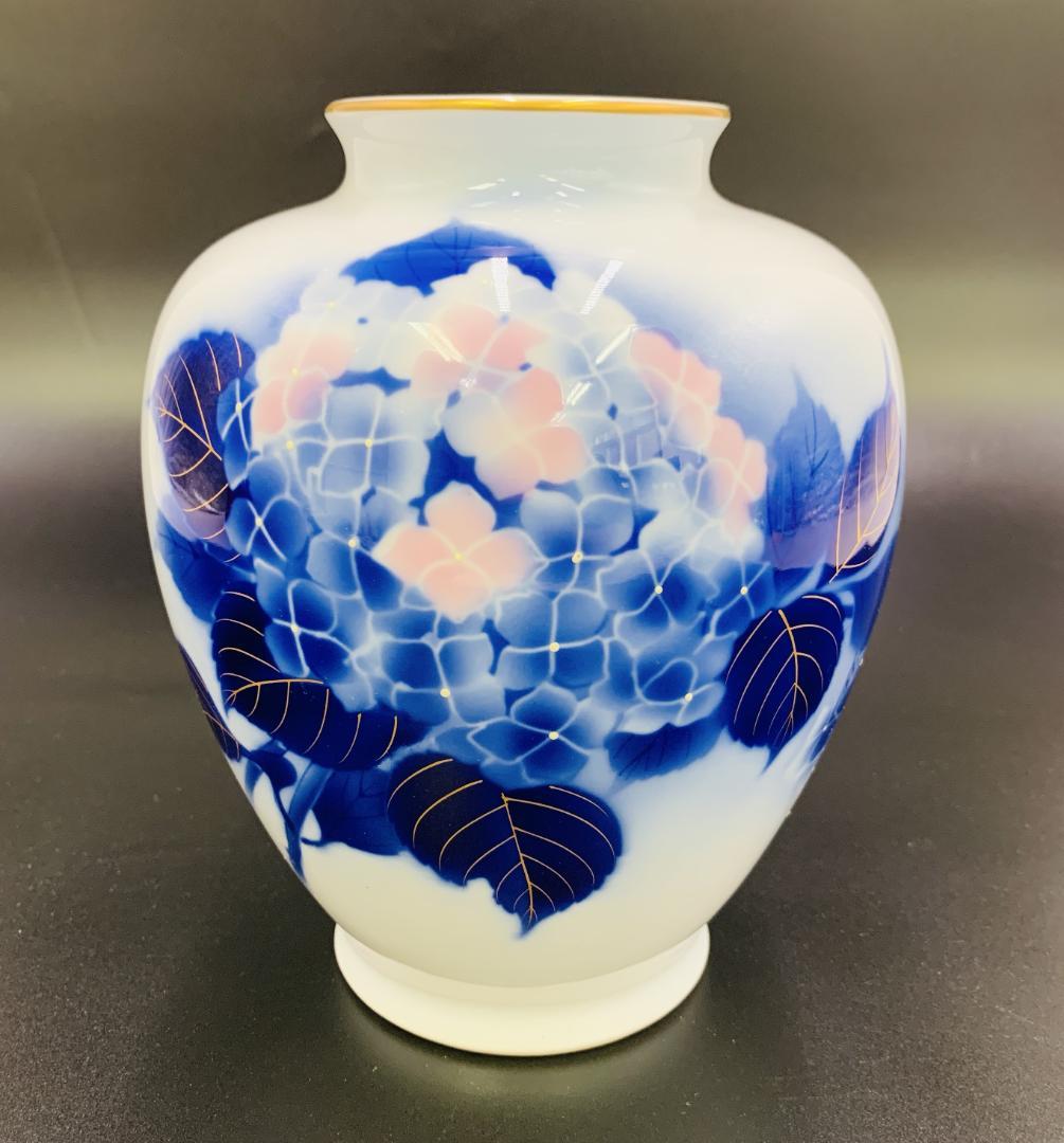 宮内庁御用達 深川製 美濃焼 花瓶 紫陽花 金彩 高級磁器 深川製磁 共箱