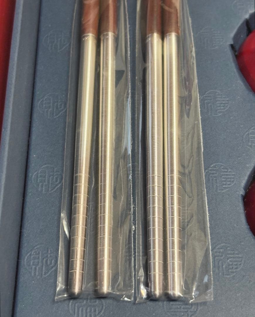 中国 足銀 999 魚 象嵌 木製 箸 猪口 セット