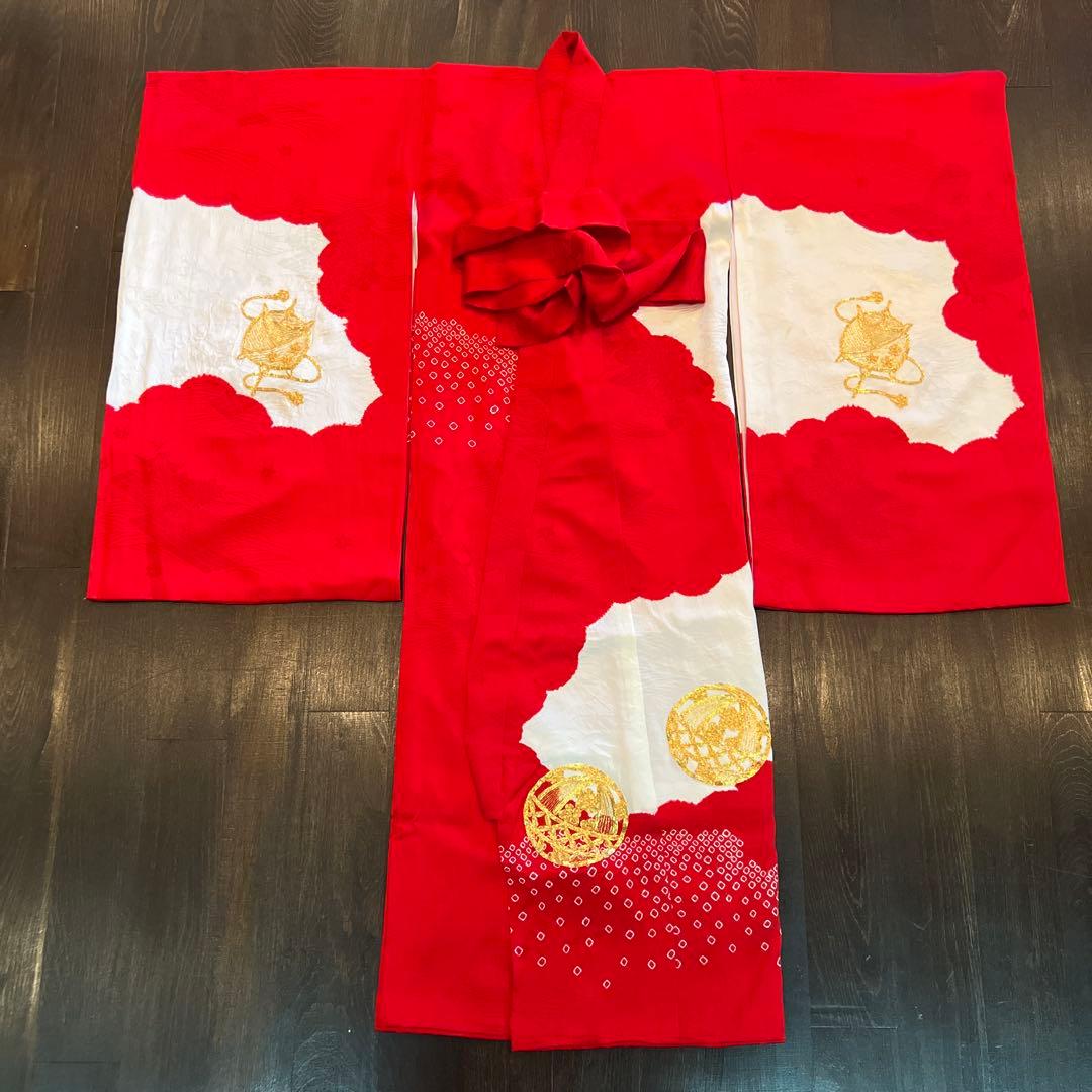 アンティーク 七五三 三歳 フルセット 着物 被布 小物一式 正絹 手鞠 赤