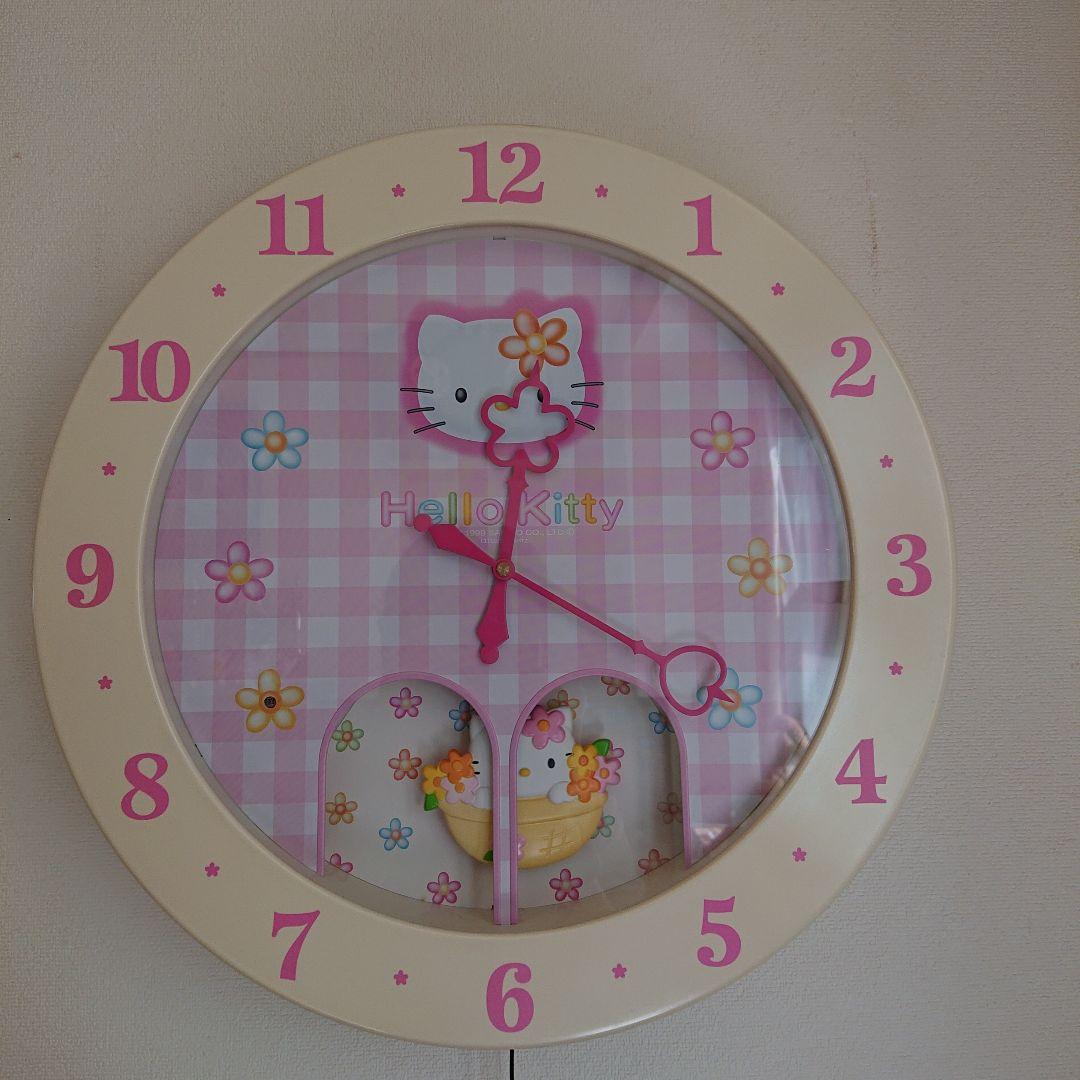 Hello Kitty 掛時計 ピンク チェック柄　カオハナ　振り子時計　稼働品